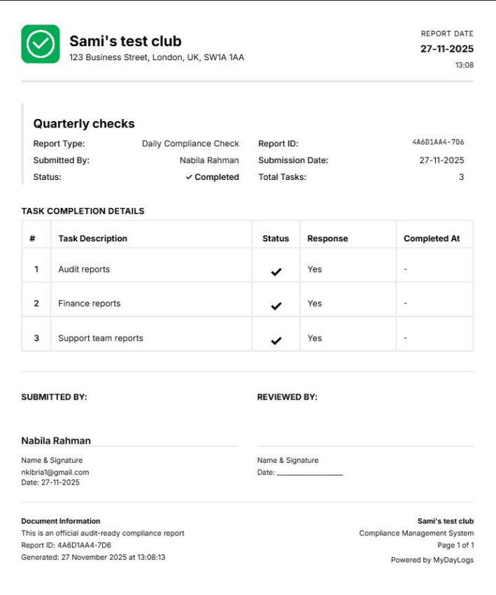 Sample Professional Report - Task completion report with company letterhead, completion details, and timestamps